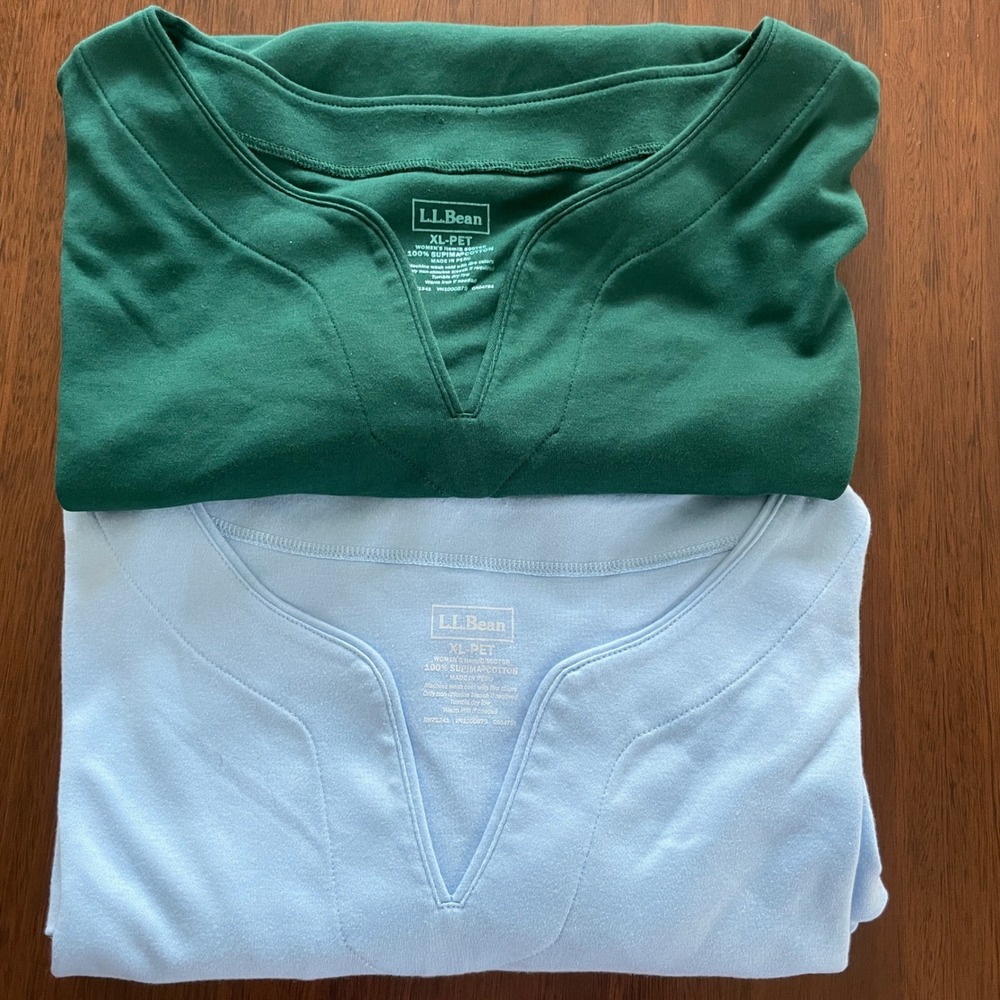 L.L. Bean Supima Cotton Tops Women XL-PET Green Blue Split Neck 3/4 Sleeve 2pk